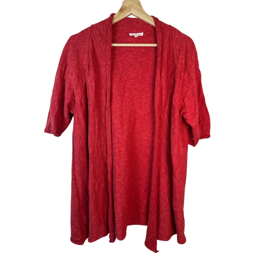 Eileen Fisher Cardigan Red Orange Linen Blend Open Front Short Sleeve Coastal XL